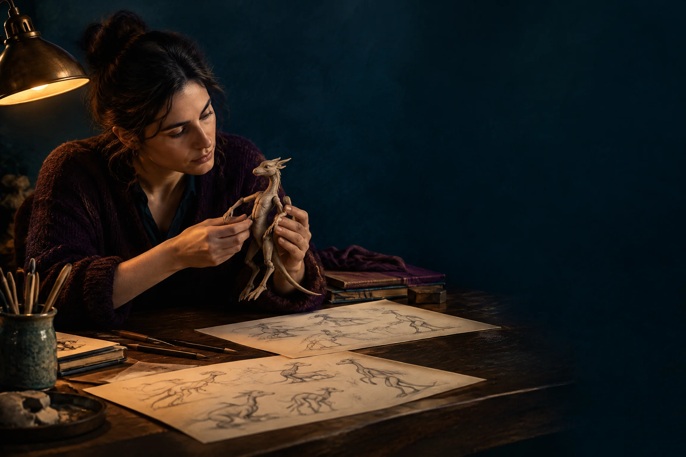 Animator reviewing an articulated character maquette at a dark workbench