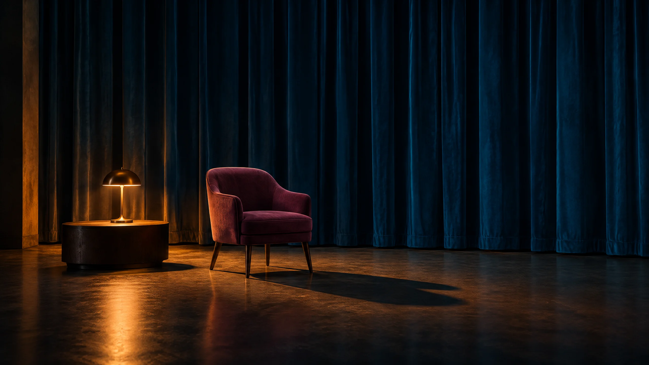 Quiet theatre workroom at night with closed curtains