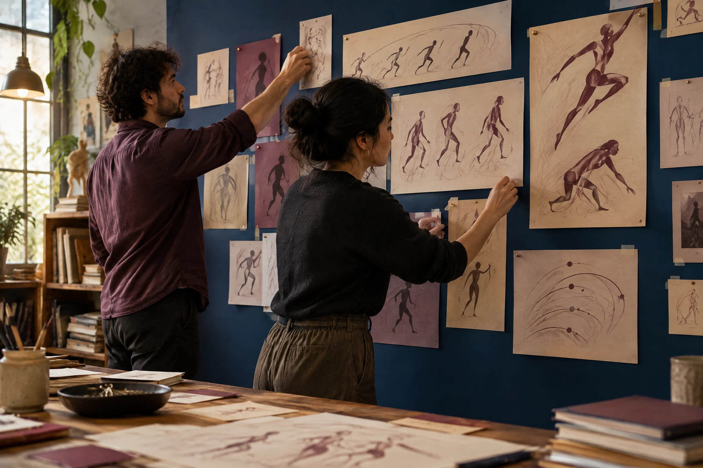 Artists pinning abstract movement studies to a blue wall