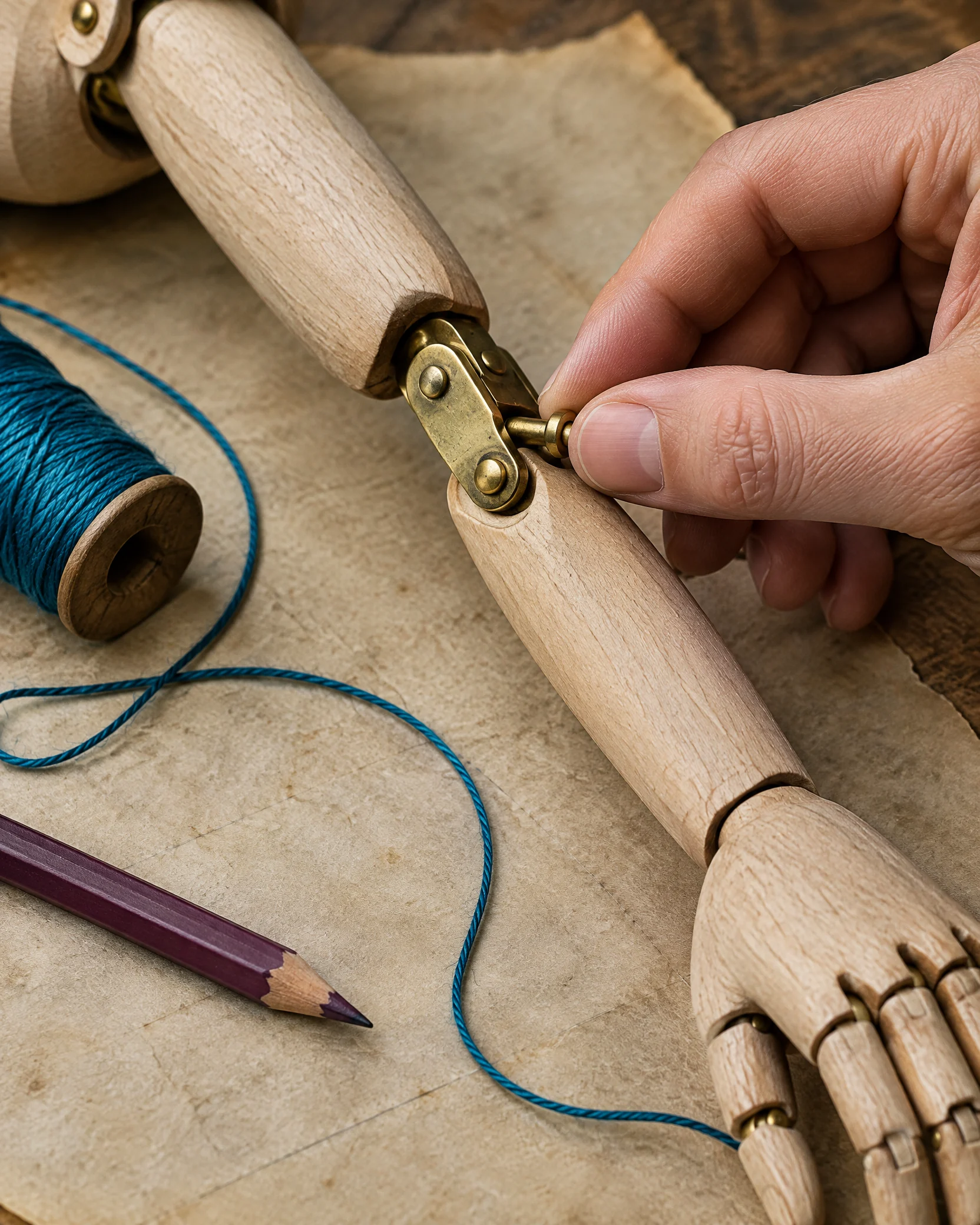 Hand adjusting a brass hinge on an articulated puppet arm