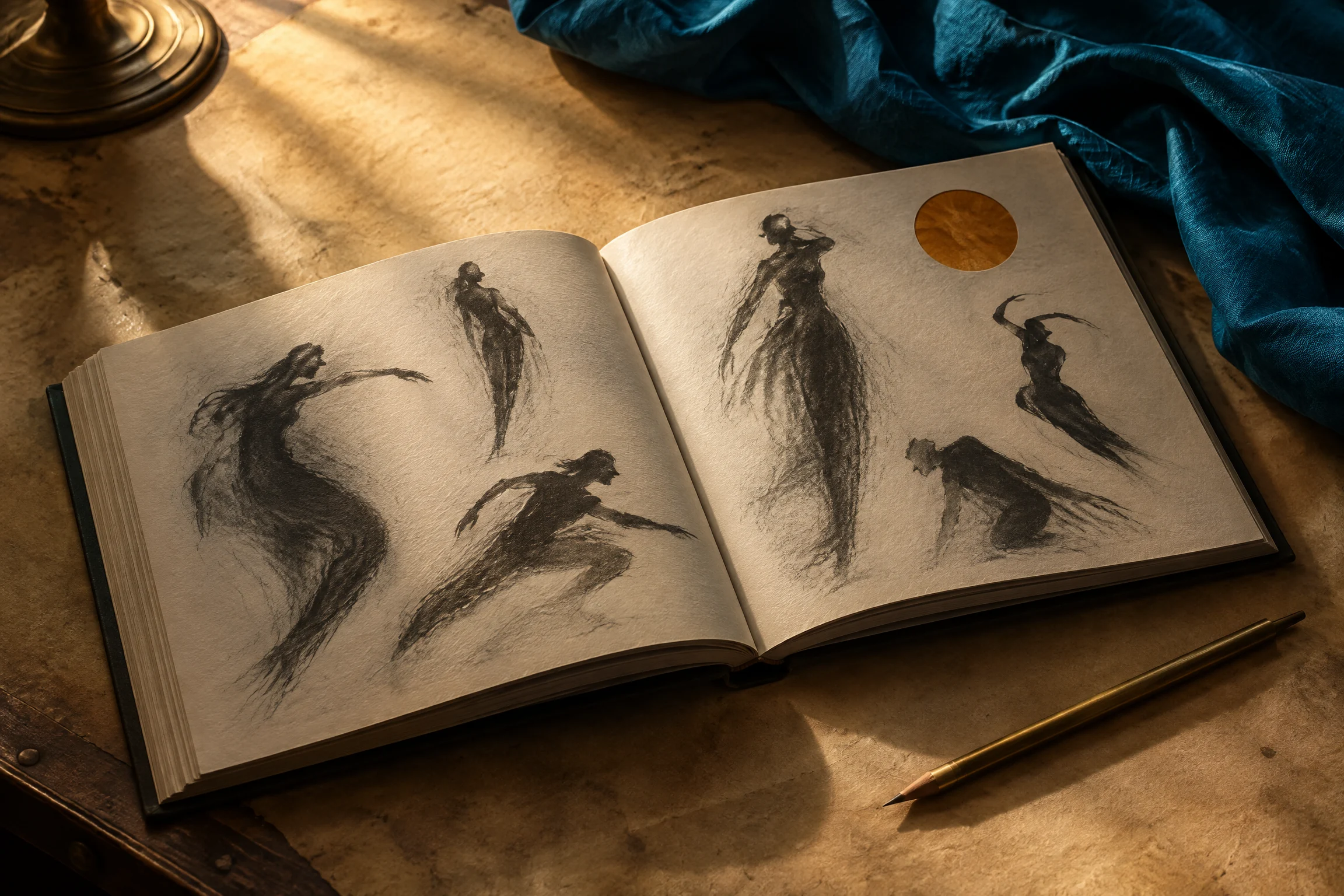 Character silhouette reference book and stage objects