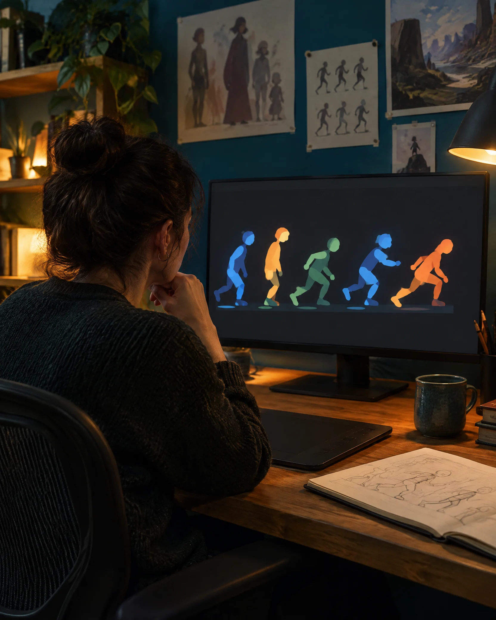 Animator studying a character movement test on a workstation