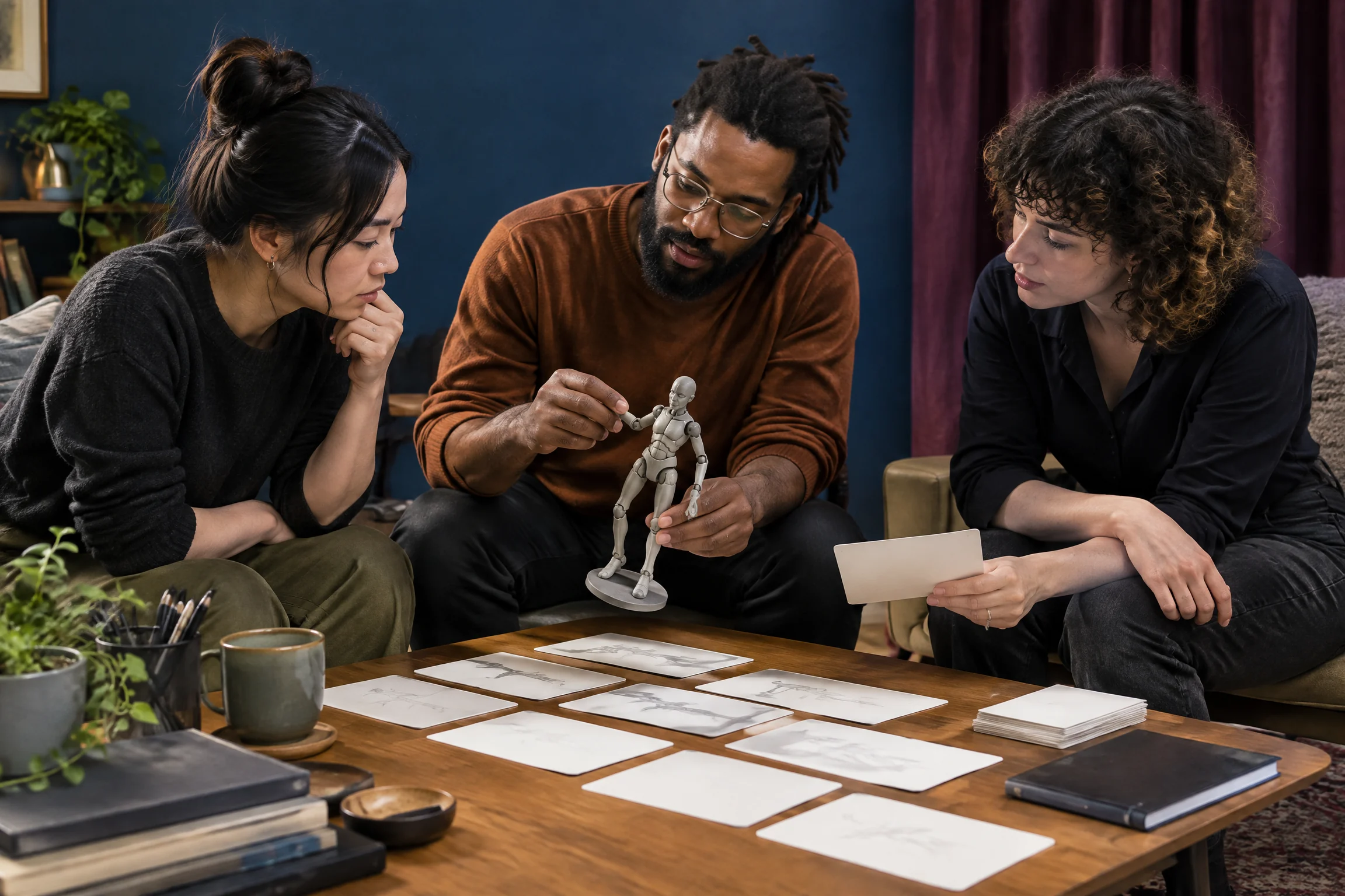 Artists discussing character performance in a warm studio