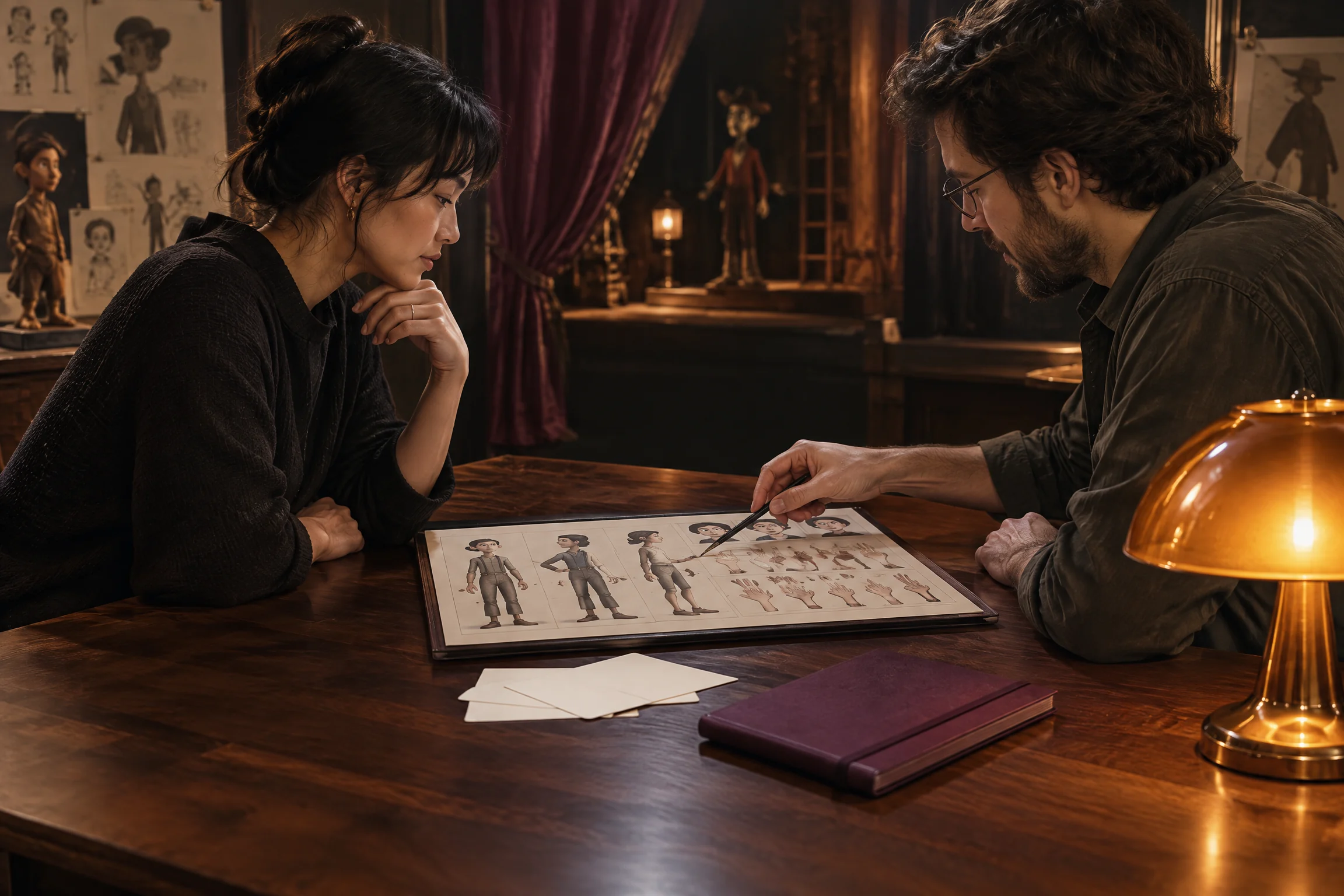 Animation team reviewing a character handoff at a worktable